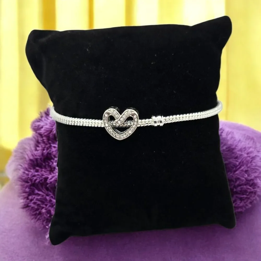 Rhinestone Heart Charm S925 Sterling Silver Slide-On Bracelet Pendant Jewelry